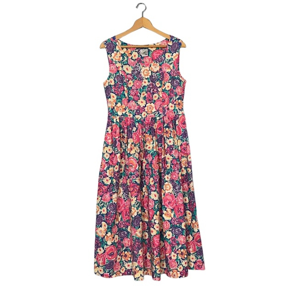 Vintage Laura Ashley Multicolor Floral Sleeveless Midi Dress